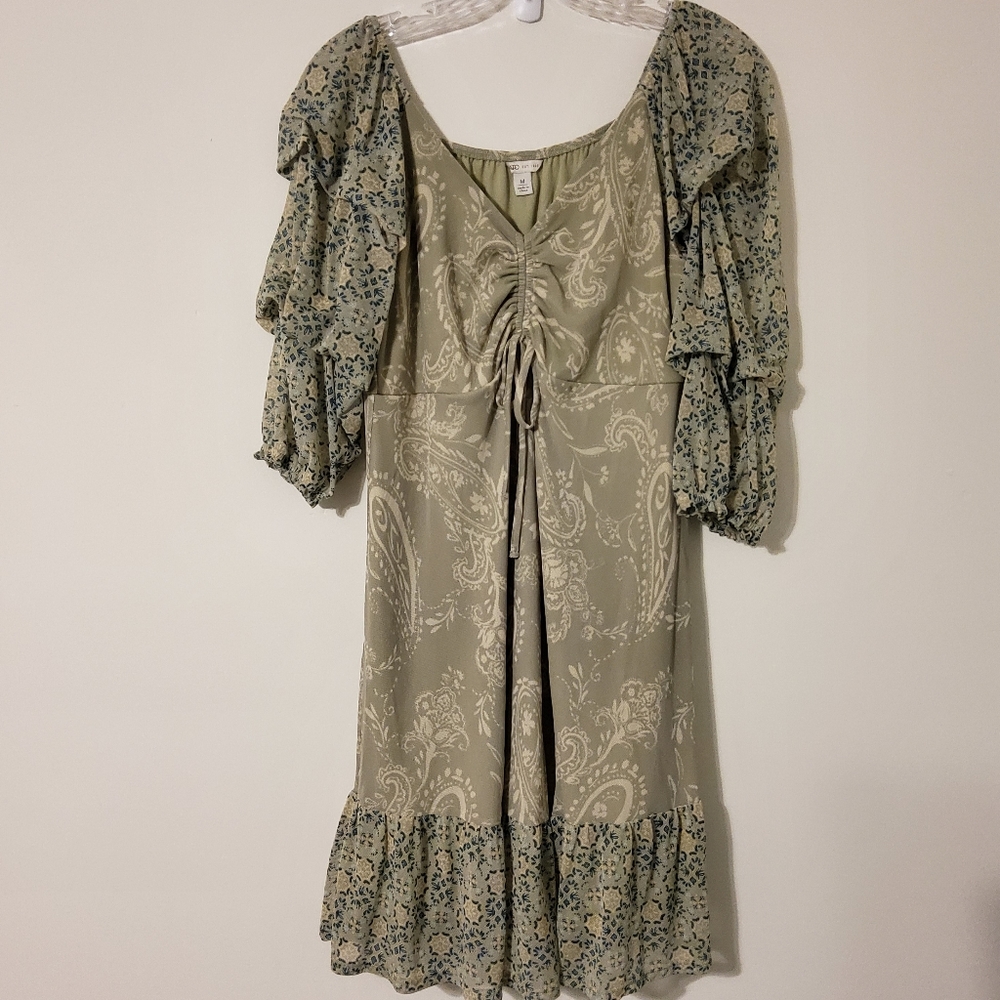 Cato Est 1946 Green Paisley Cottagecore Dress Size M With Tiered Puff Sleeves